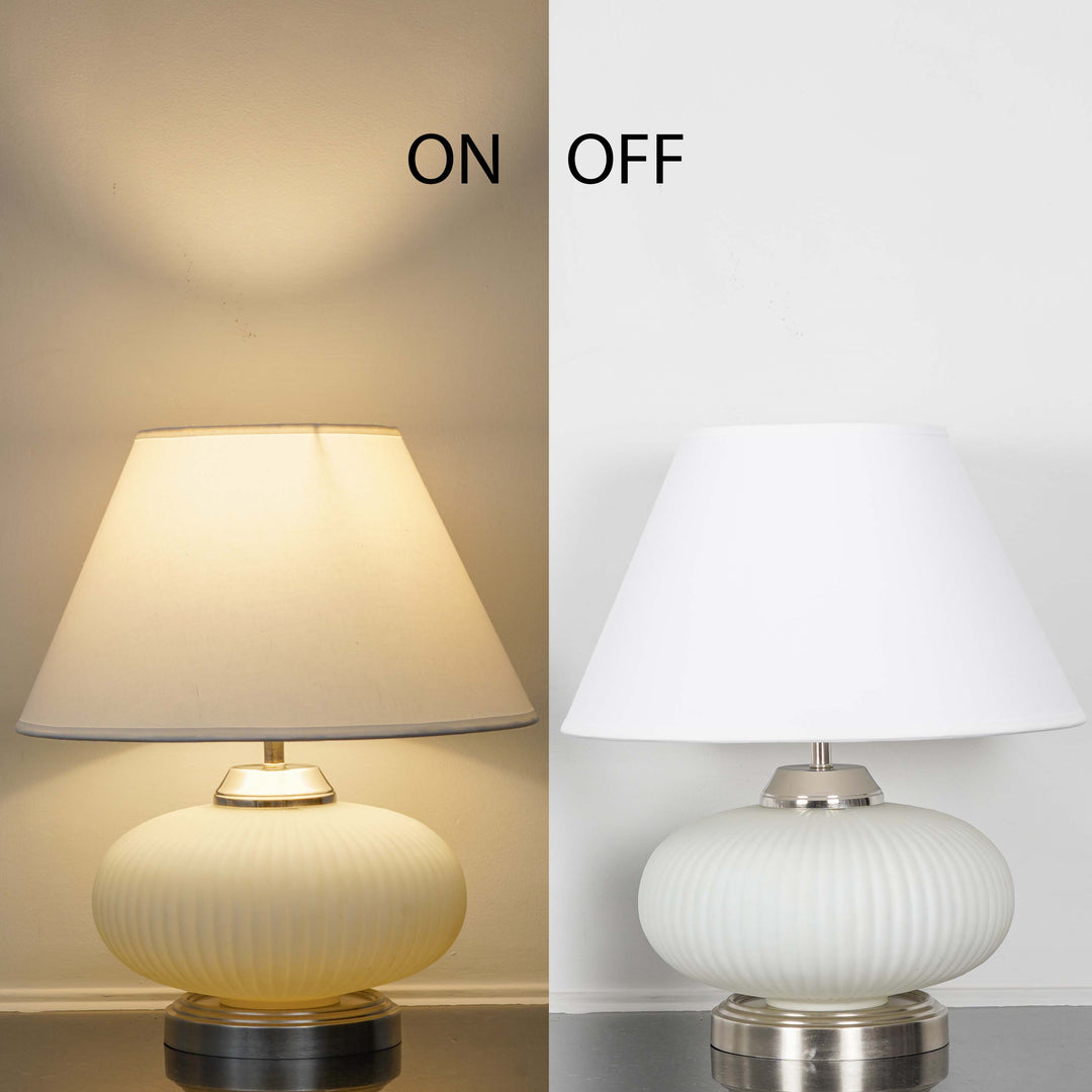 MALOTO Frosted White Glass and Chrome Finish Metal Table Lamp With Beige Cotton Shade