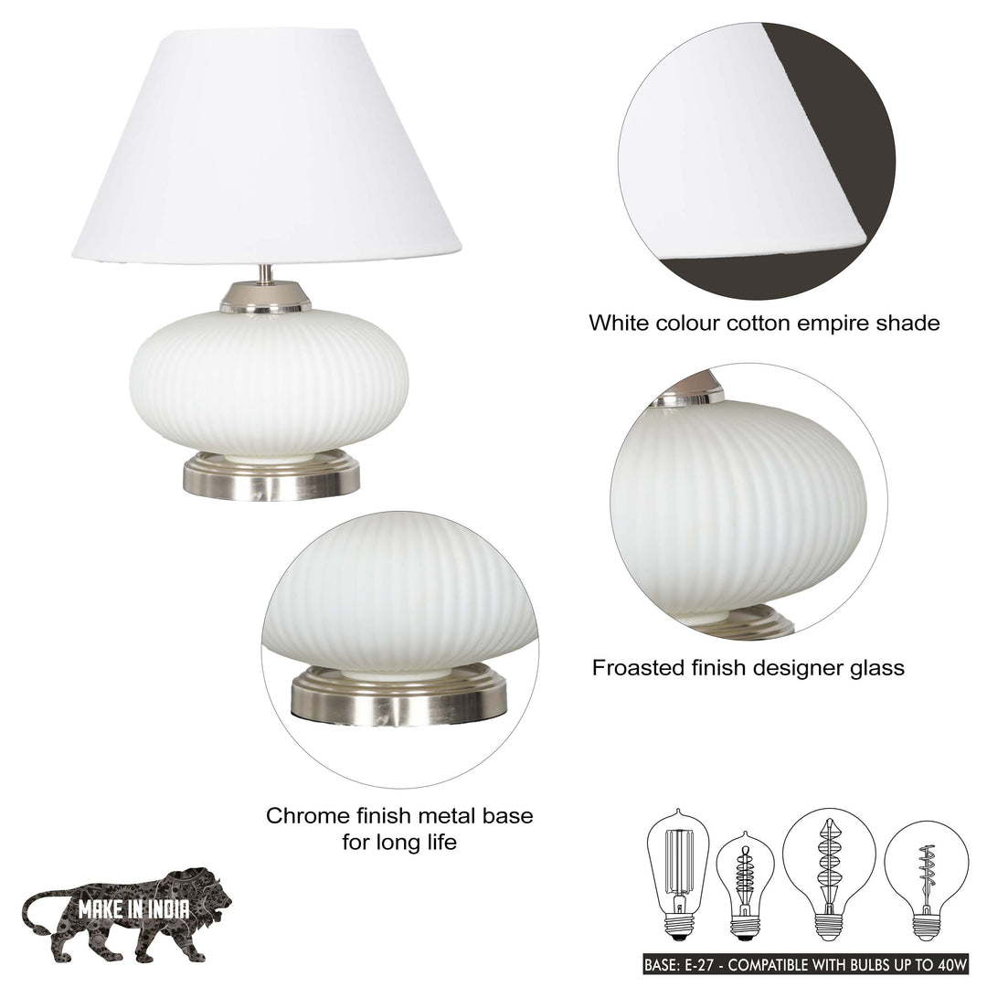 MALOTO Frosted White Glass and Chrome Finish Metal Table Lamp With Beige Cotton Shade