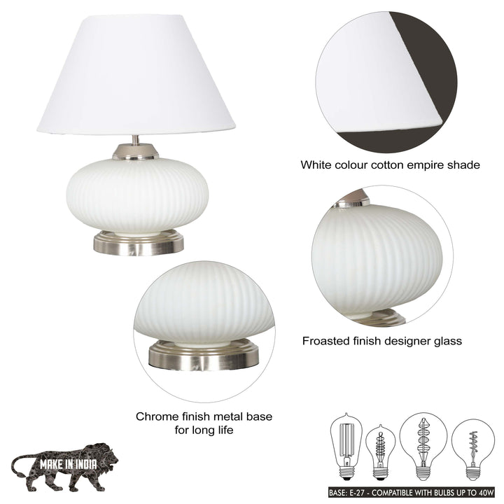 MALOTO Frosted White Glass and Chrome Finish Metal Table Lamp With Beige Cotton Shade