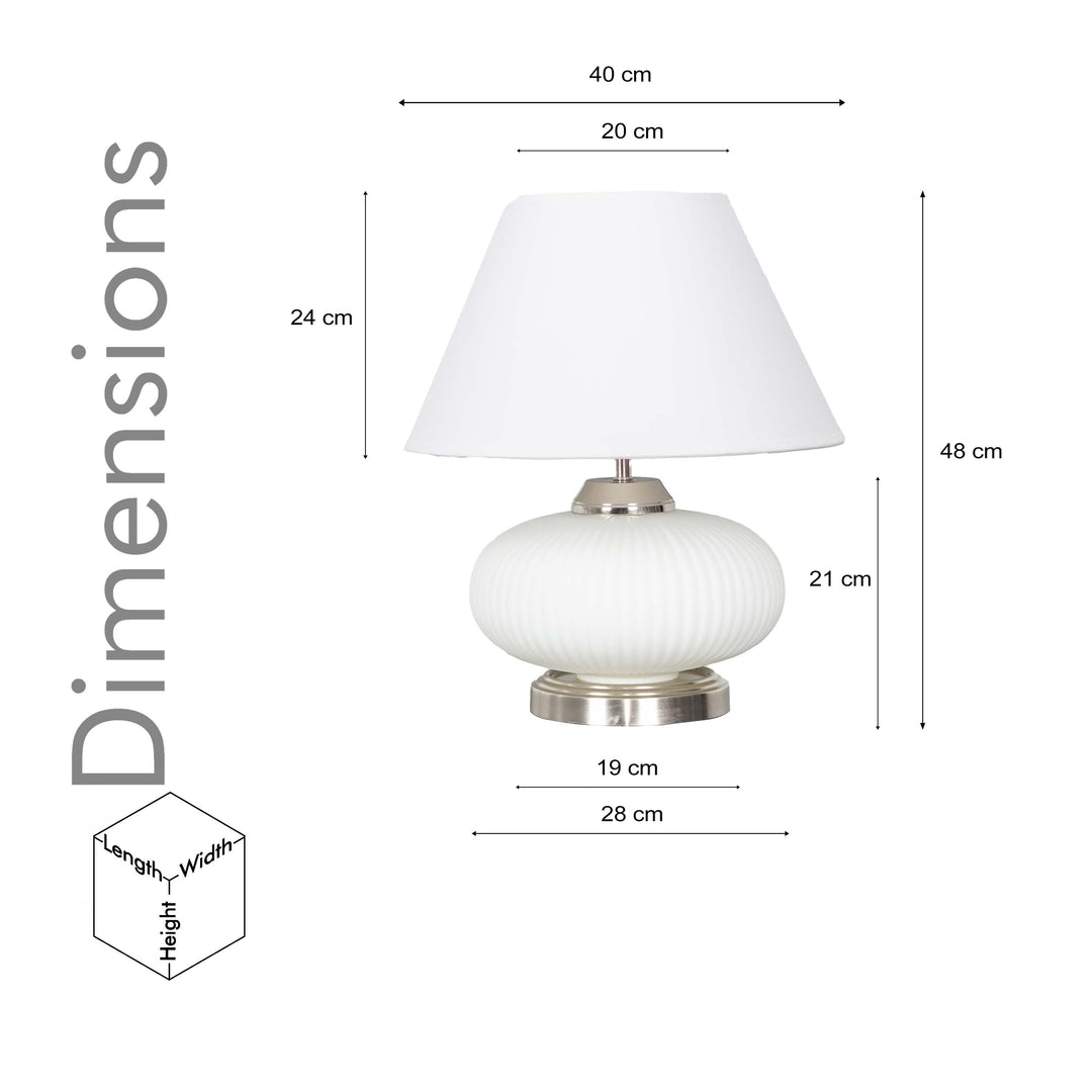 MALOTO Frosted White Glass and Chrome Finish Metal Table Lamp With Beige Cotton Shade
