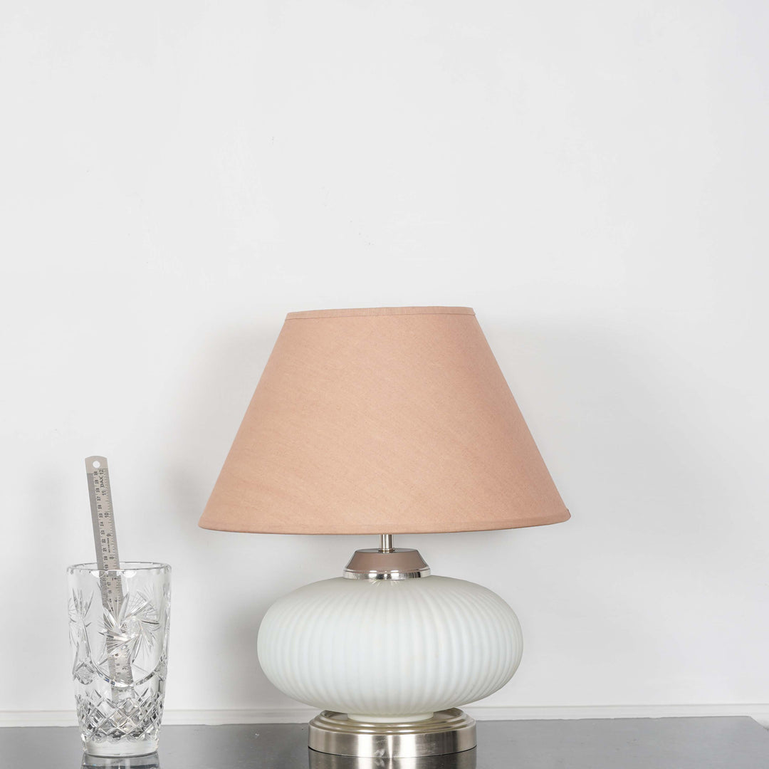 MALOTO Frosted White Glass and Chrome Finish Metal Table Lamp With Beige Cotton Shade