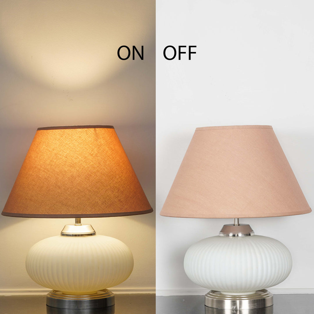 MALOTO Frosted White Glass and Chrome Finish Metal Table Lamp With Beige Cotton Shade