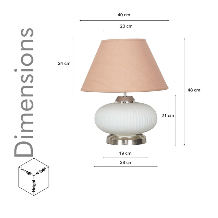 MALOTO Frosted White Glass and Chrome Finish Metal Table Lamp With Beige Cotton Shade