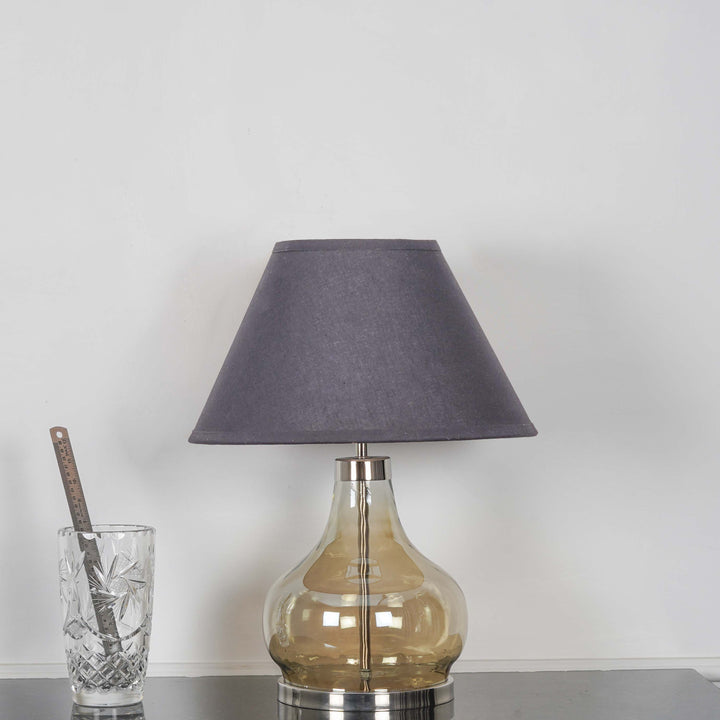 INGRAM Smoke Glass and Nickel Finish Metal Table Lamp With Cotton Shade
