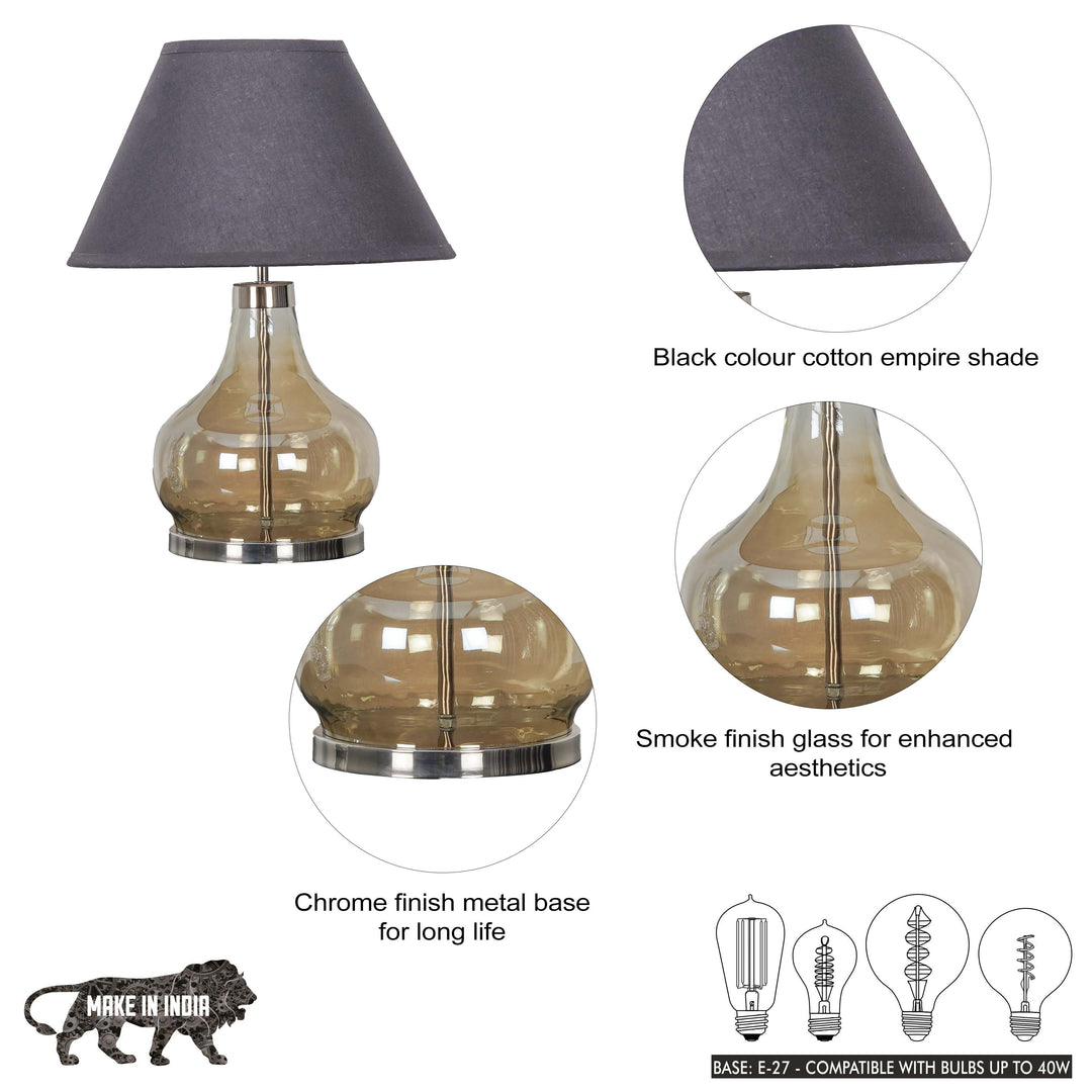 INGRAM Smoke Glass and Metal Table Lamp With Beige Cotton Shade