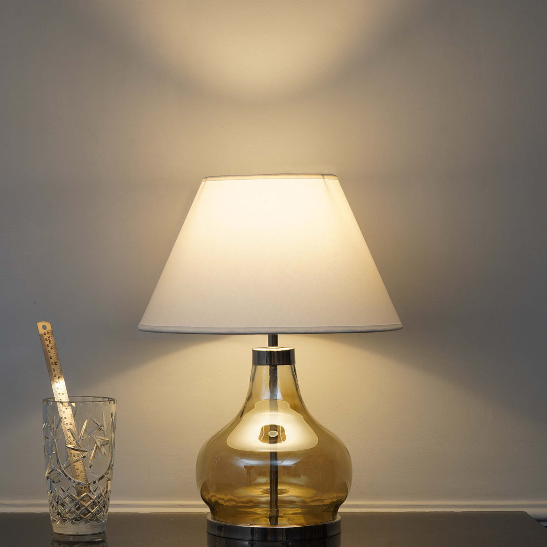 INGRAM Smoke Glass and Nickel Finish Metal Table Lamp With Cotton Shade