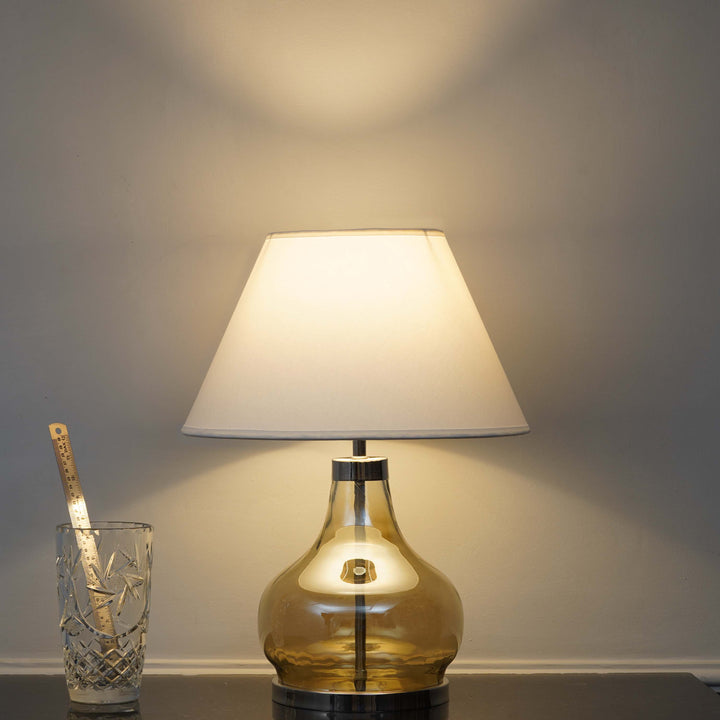 INGRAM Smoke Glass and Metal Table Lamp With Beige Cotton Shade
