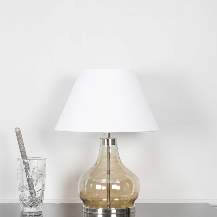 INGRAM Smoke Glass and Metal Table Lamp With Beige Cotton Shade