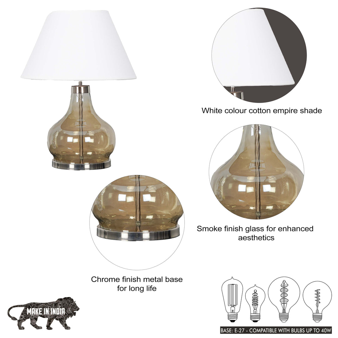 INGRAM Smoke Glass and Nickel Finish Metal Table Lamp With Cotton Shade