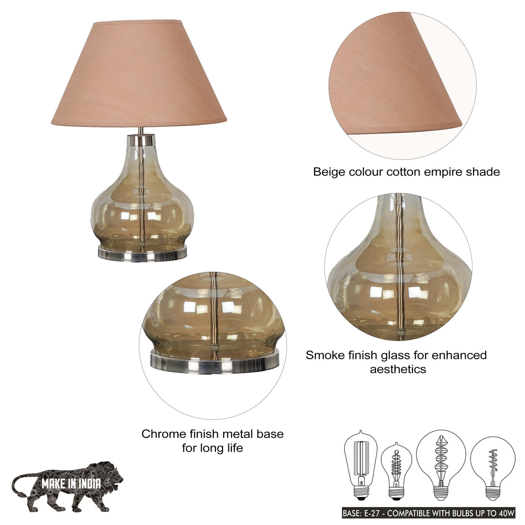 INGRAM Smoke Glass and Nickel Finish Metal Table Lamp With Cotton Shade