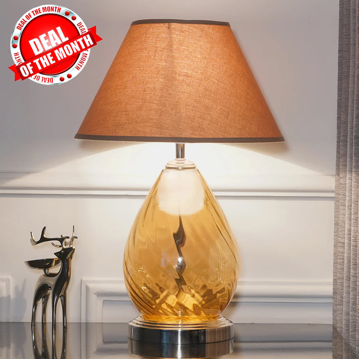 Decade Glass and Metal Table Lamp With Maroon Cotton Shade