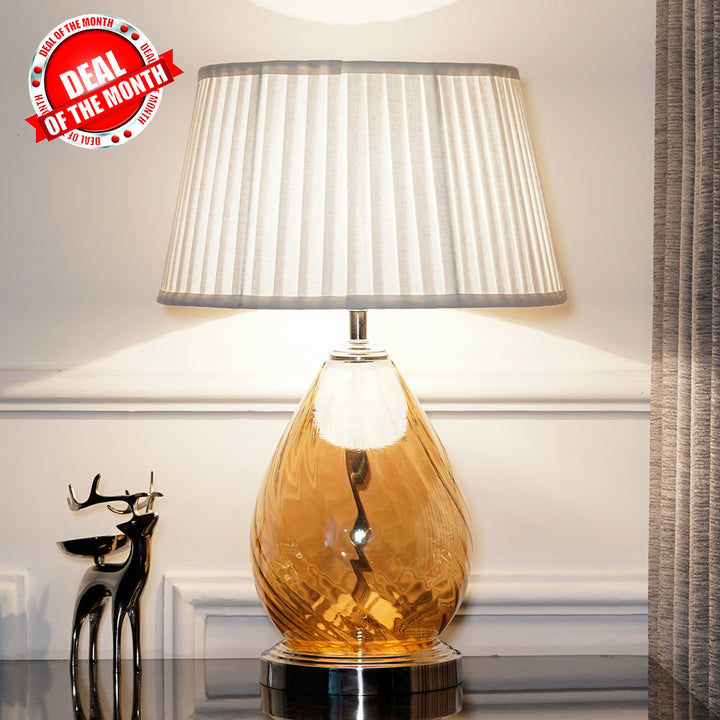 Decade Glass and Metal Table Lamp With White Cotton Shade