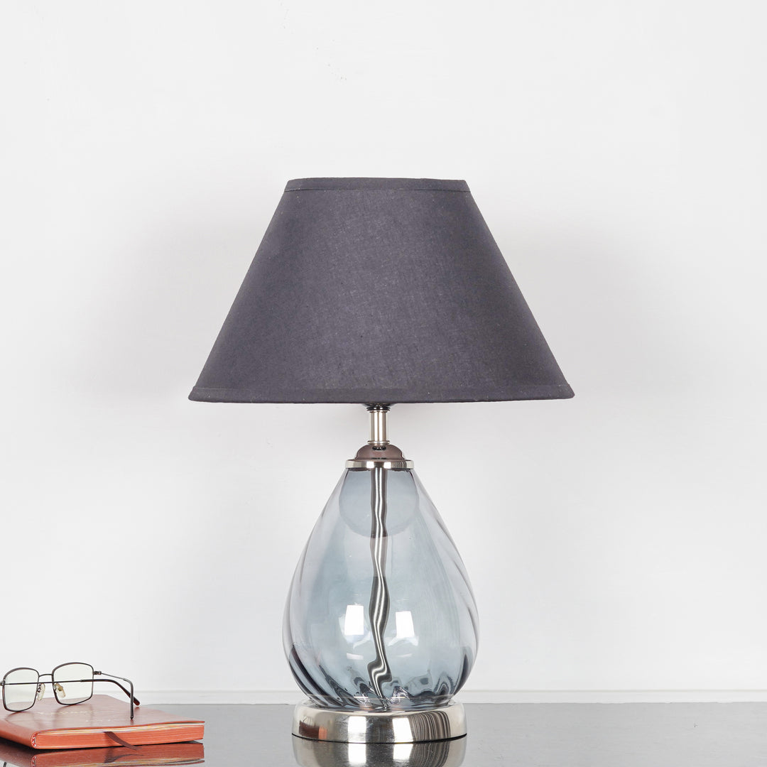 DECADE Blue Glass and Nickel Finish Metal Table Lamp With Cotton Shade
