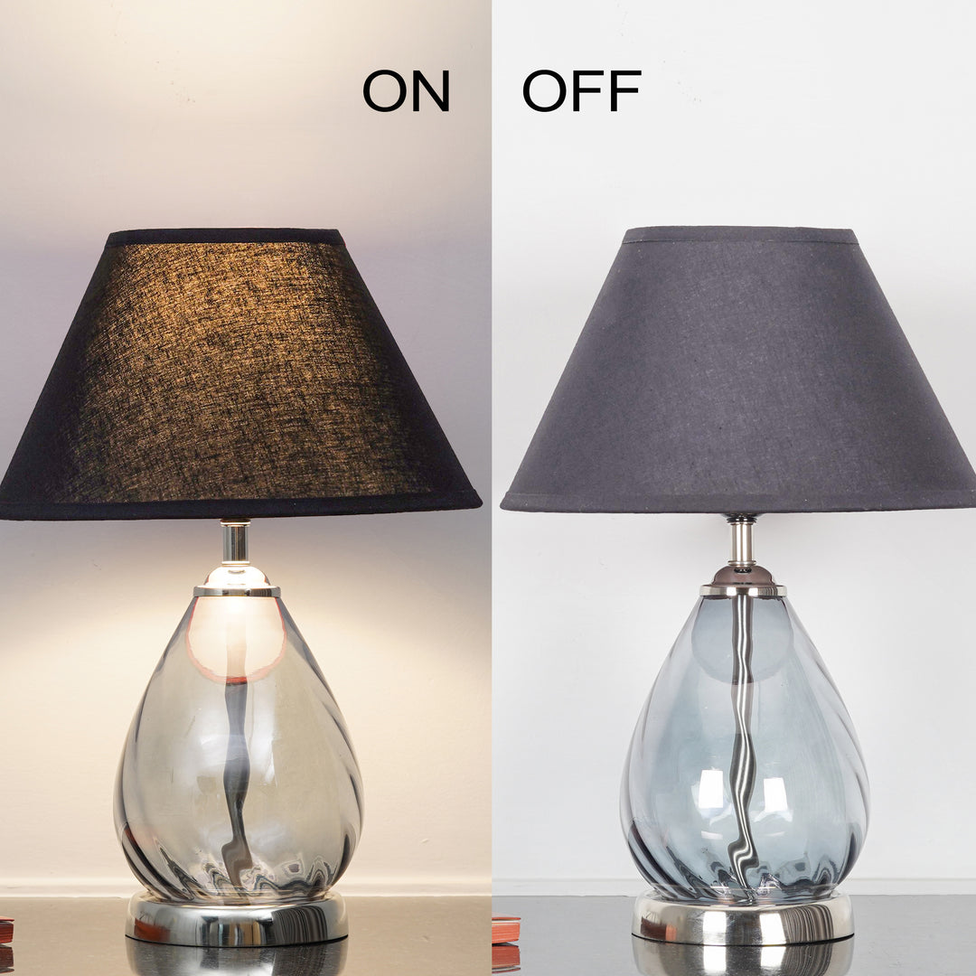 DECADE Blue Glass and Nickel Finish Metal Table Lamp With Cotton Shade