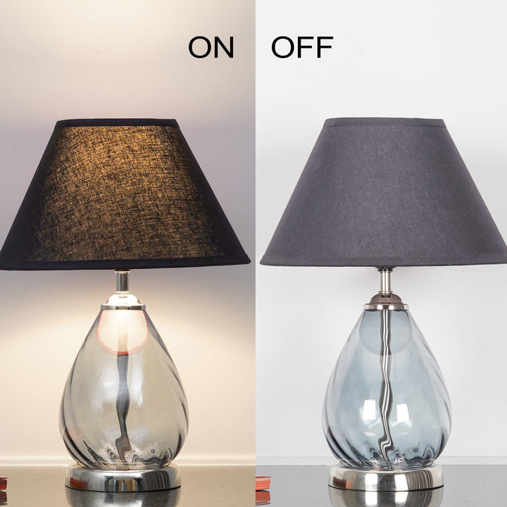 DECADE Blue Glass and Nickel Finish Metal Table Lamp With Cotton Shade