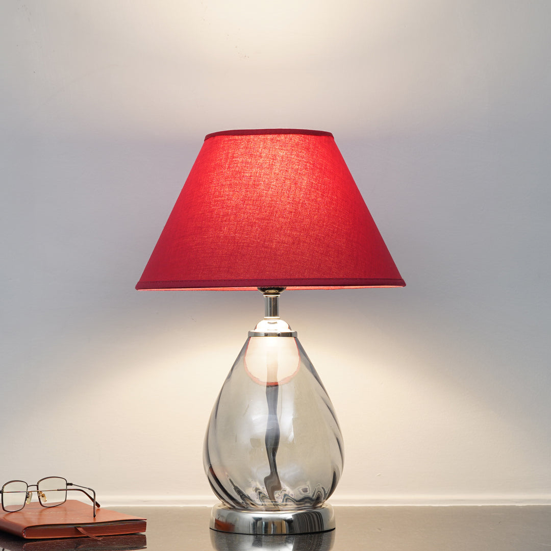 DECADE Blue Glass and Nickel Finish Metal Table Lamp With Cotton Shade