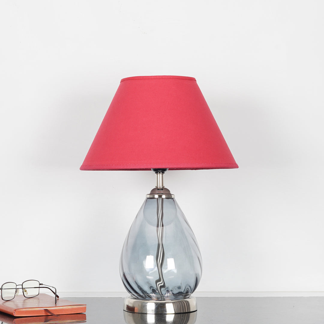 DECADE Blue Glass and Nickel Finish Metal Table Lamp With Cotton Shade