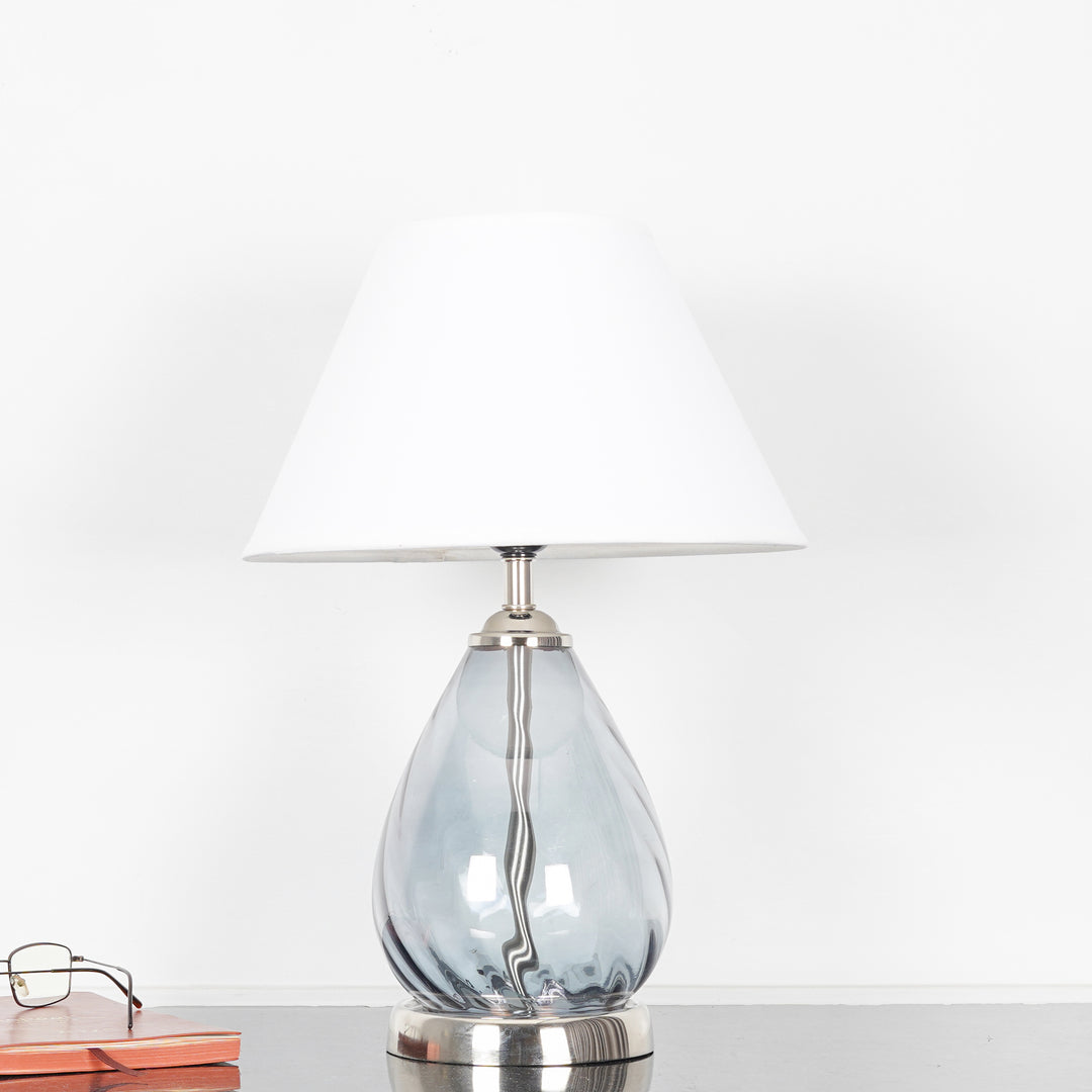 DECADE Blue Glass and Nickel Finish Metal Table Lamp With Cotton Shade