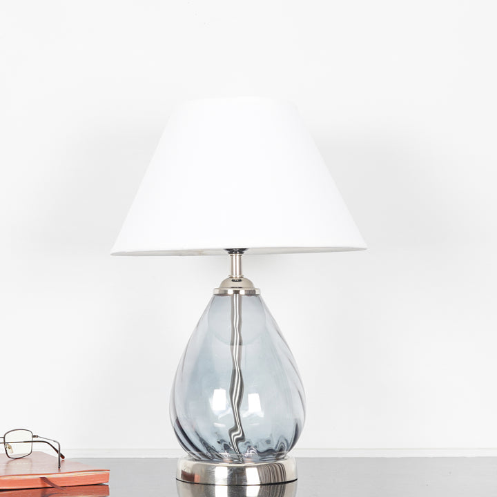 DECADE Blue Glass and Nickel Finish Metal Table Lamp With Cotton Shade
