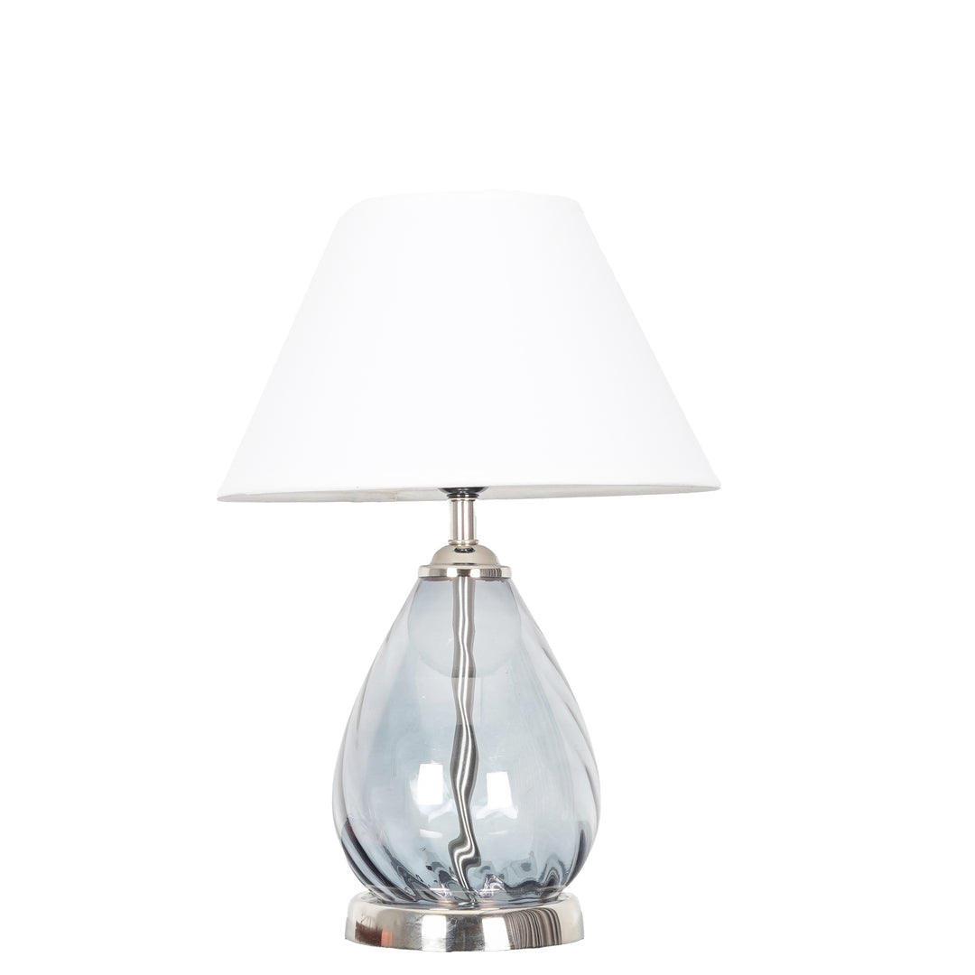 DECADE Blue Glass and Nickel Finish Metal Table Lamp With Cotton Shade