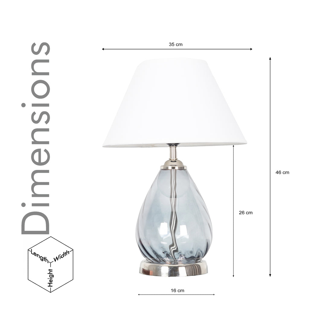 DECADE Blue Glass and Nickel Finish Metal Table Lamp With Cotton Shade