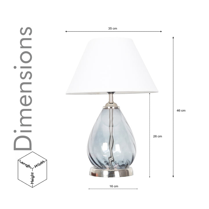 DECADE Blue Glass and Nickel Finish Metal Table Lamp With Cotton Shade