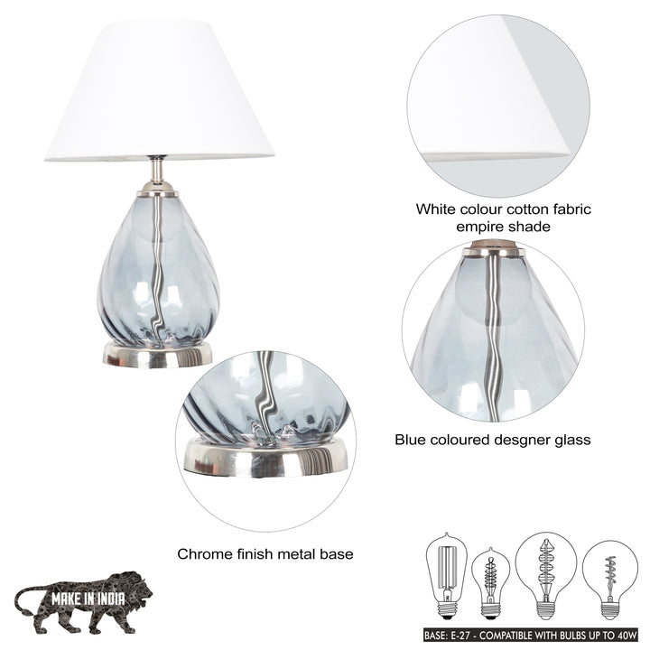DECADE Blue Glass and Nickel Finish Metal Table Lamp With Cotton Shade