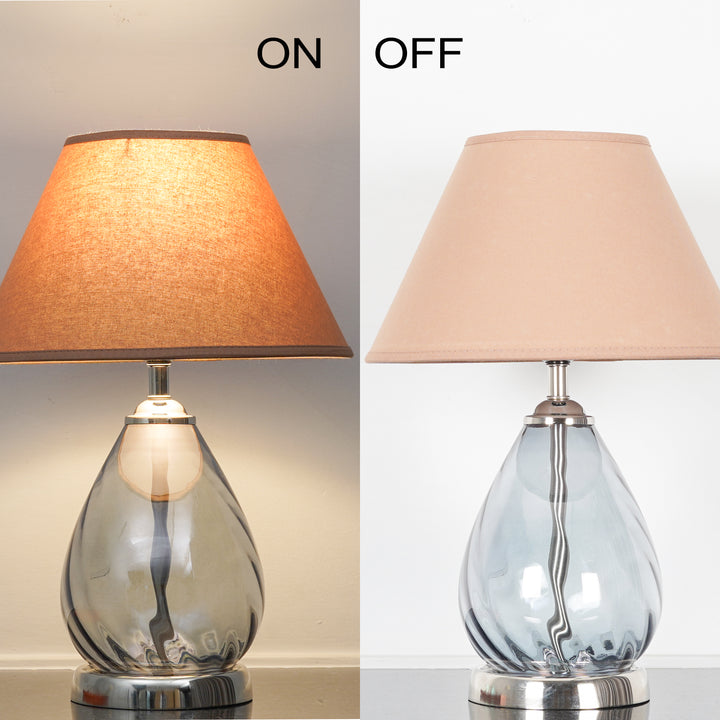 DECADE Blue Glass and Nickel Finish Metal Table Lamp With Cotton Shade