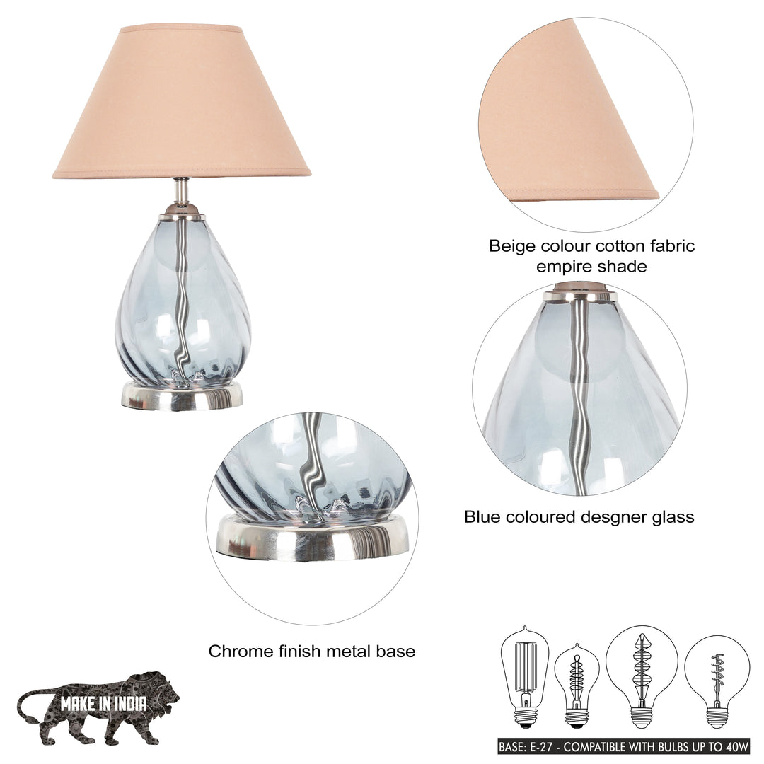DECADE Blue Glass and Nickel Finish Metal Table Lamp With Cotton Shade