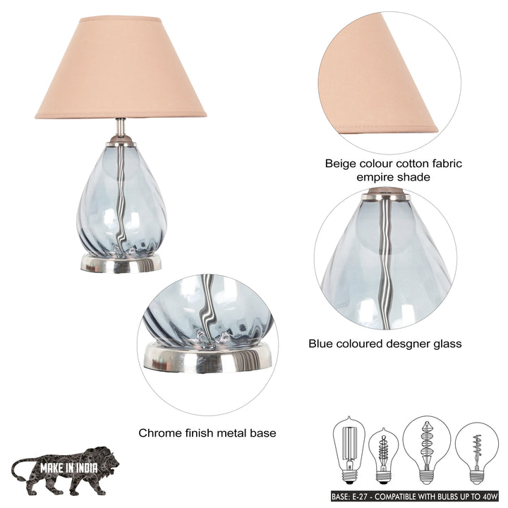 DECADE Blue Glass and Nickel Finish Metal Table Lamp With Cotton Shade