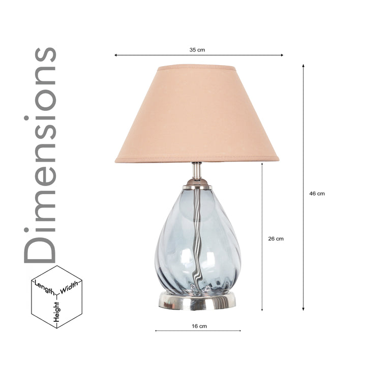 DECADE Blue Glass and Nickel Finish Metal Table Lamp With Cotton Shade