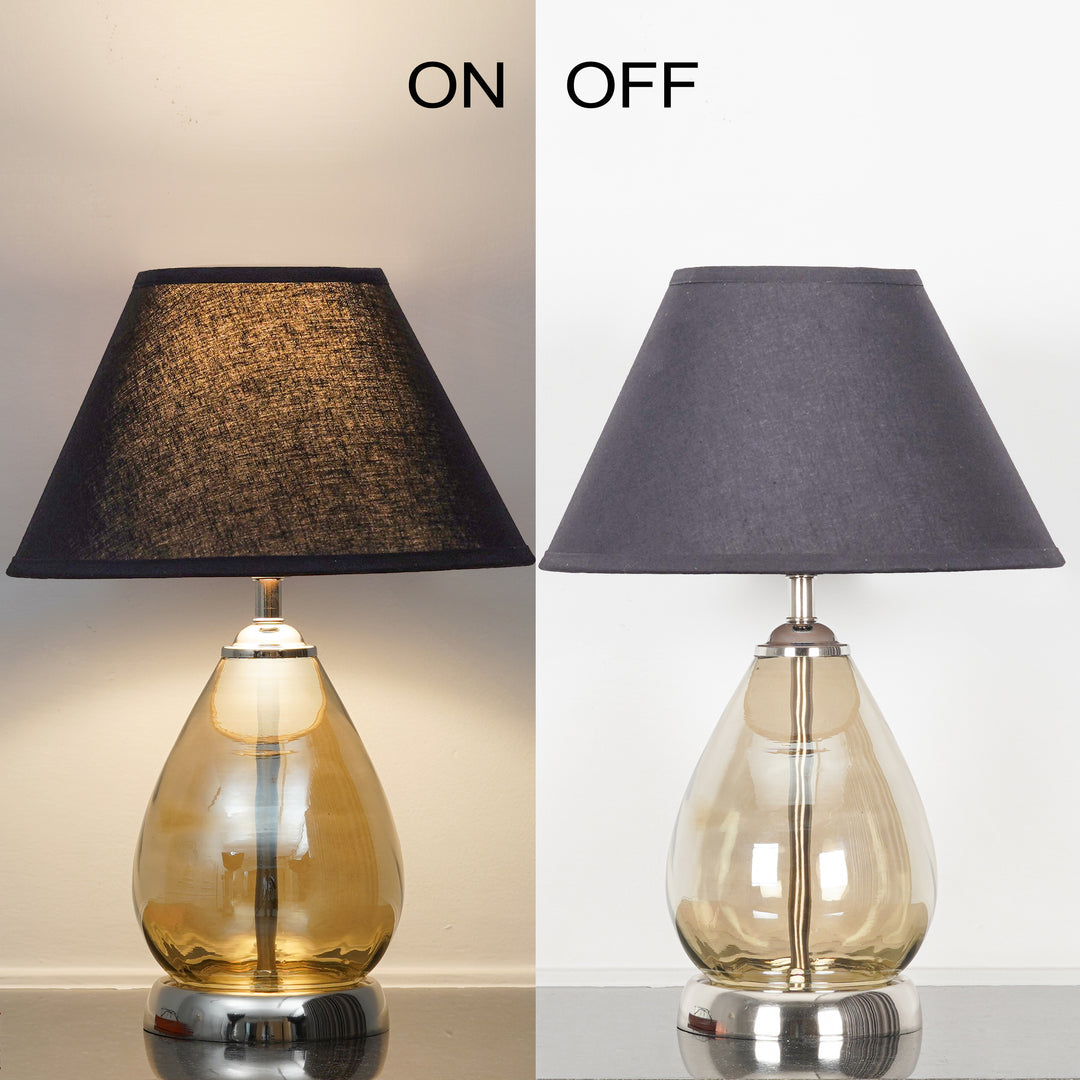 DECADE Smoke Glass and Nickel Finish Metal Table Lamp With Beige Cotton Shade