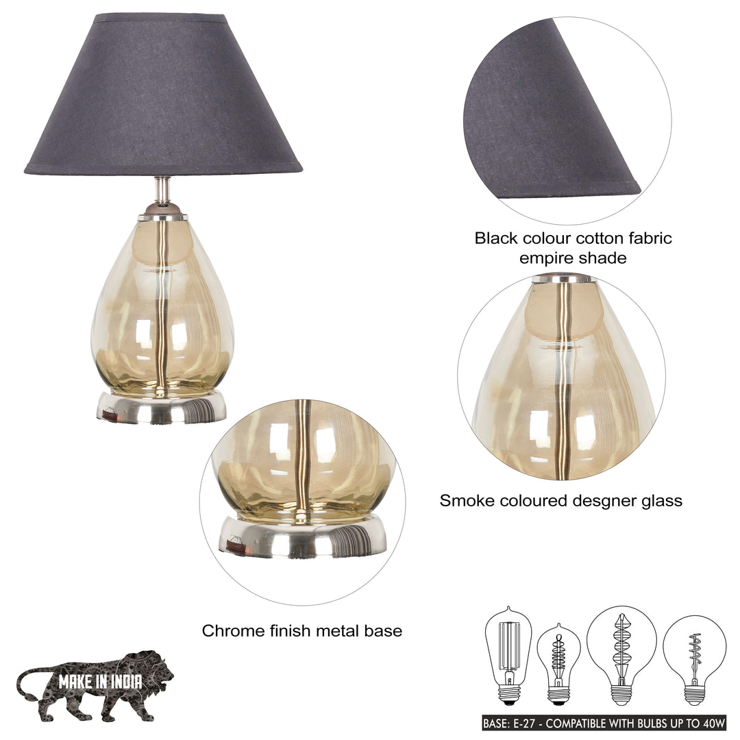 DECADE Smoke Glass and Nickel Finish Metal Table Lamp With Beige Cotton Shade