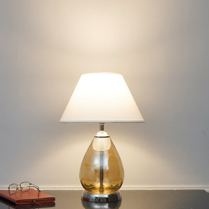 DECADE Smoke Glass and Nickel Finish Metal Table Lamp With Beige Cotton Shade