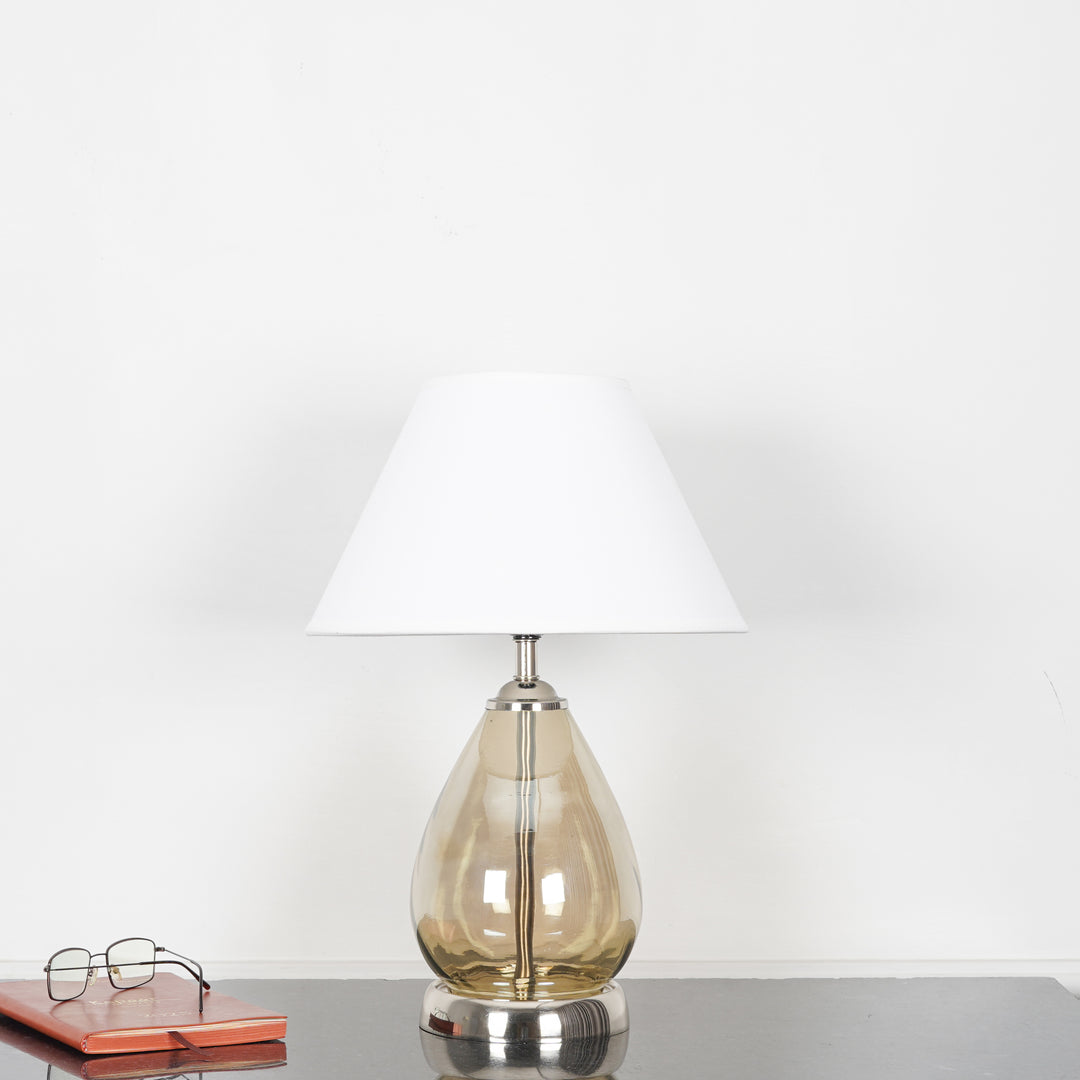 DECADE Smoke Glass and Nickel Finish Metal Table Lamp With Beige Cotton Shade