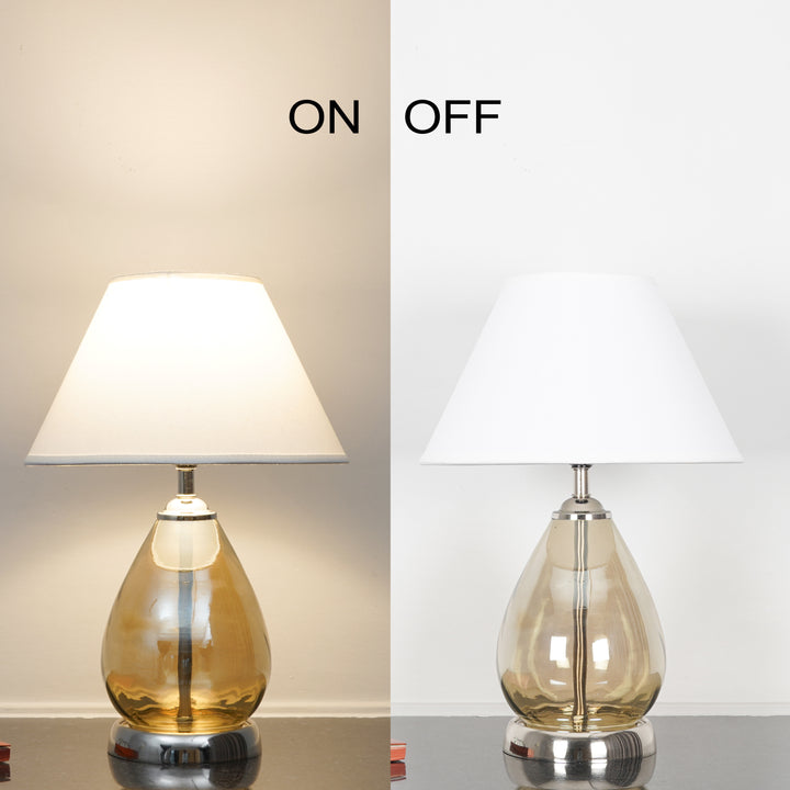 DECADE Smoke Glass and Nickel Finish Metal Table Lamp With Beige Cotton Shade