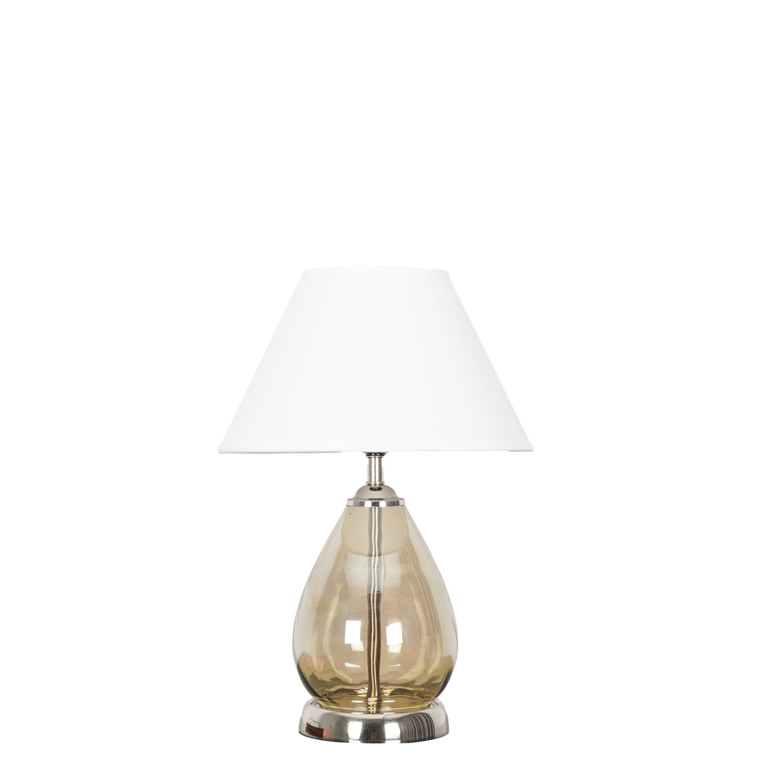 DECADE Smoke Glass and Nickel Finish Metal Table Lamp With Beige Cotton Shade