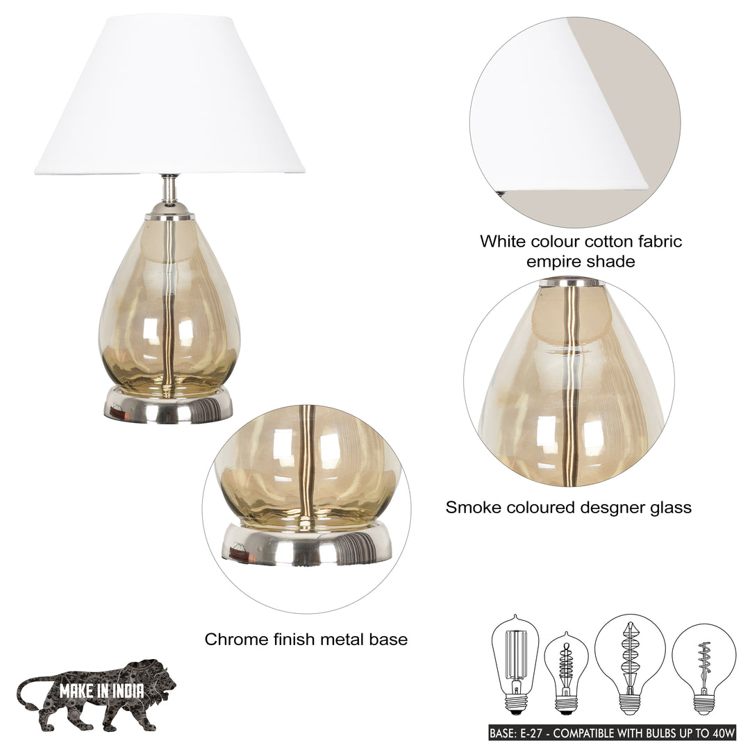 DECADE Smoke Glass and Nickel Finish Metal Table Lamp With Beige Cotton Shade
