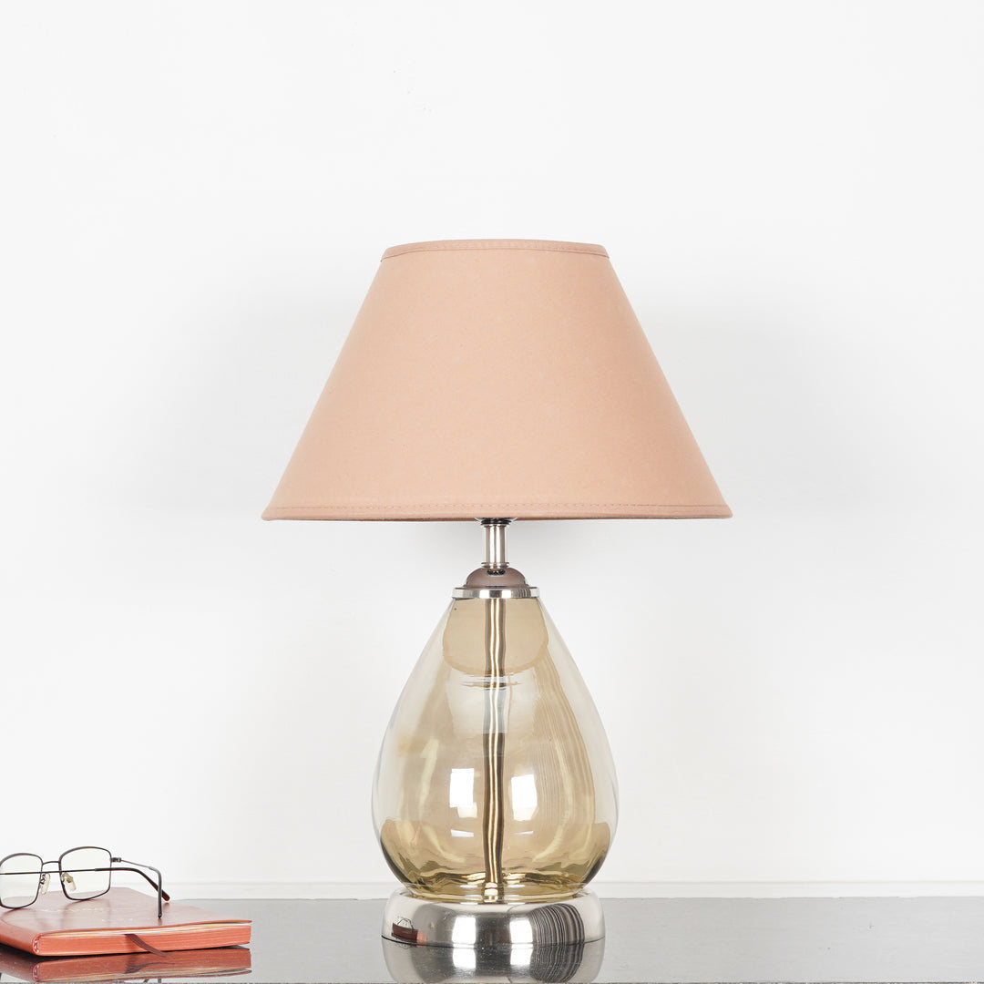 DECADE Smoke Glass and Nickel Finish Metal Table Lamp With Beige Cotton Shade