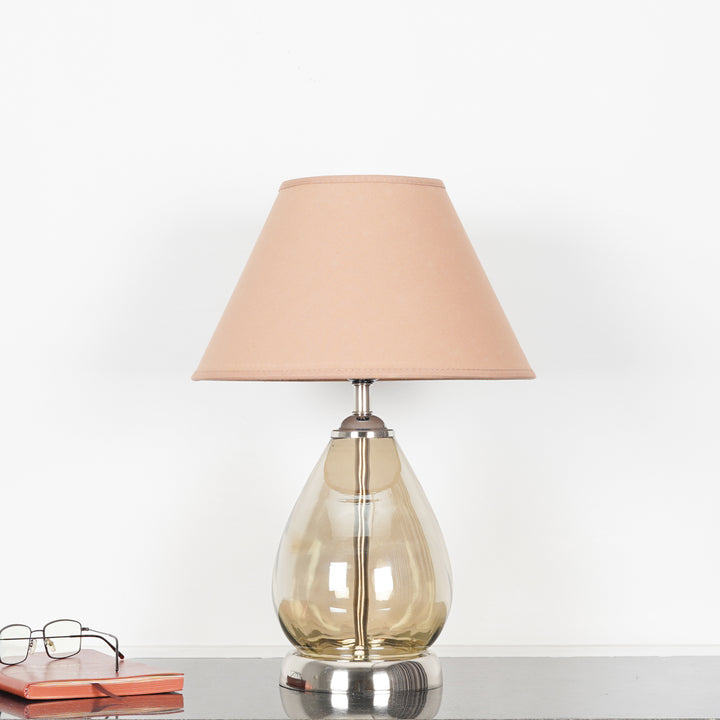 DECADE Smoke Glass and Nickel Finish Metal Table Lamp With Beige Cotton Shade
