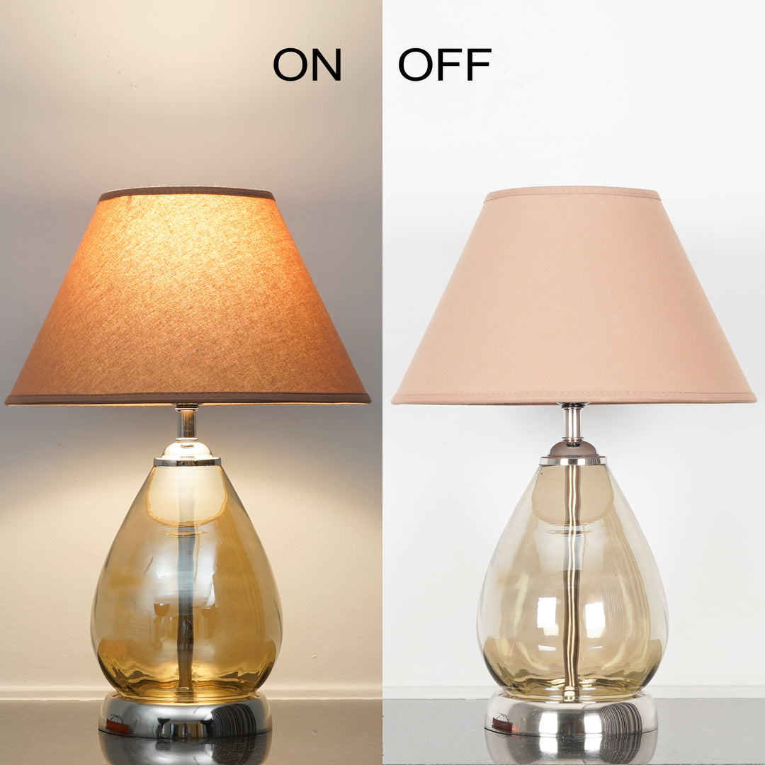 DECADE Smoke Glass and Nickel Finish Metal Table Lamp With Beige Cotton Shade