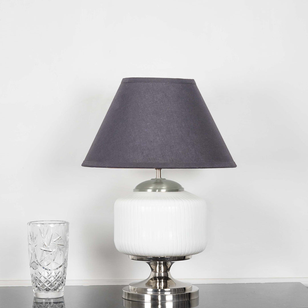 RAMZI Chrome Finish Metal And Frosted White Glass Table Lamp With Beige Cotton Shade