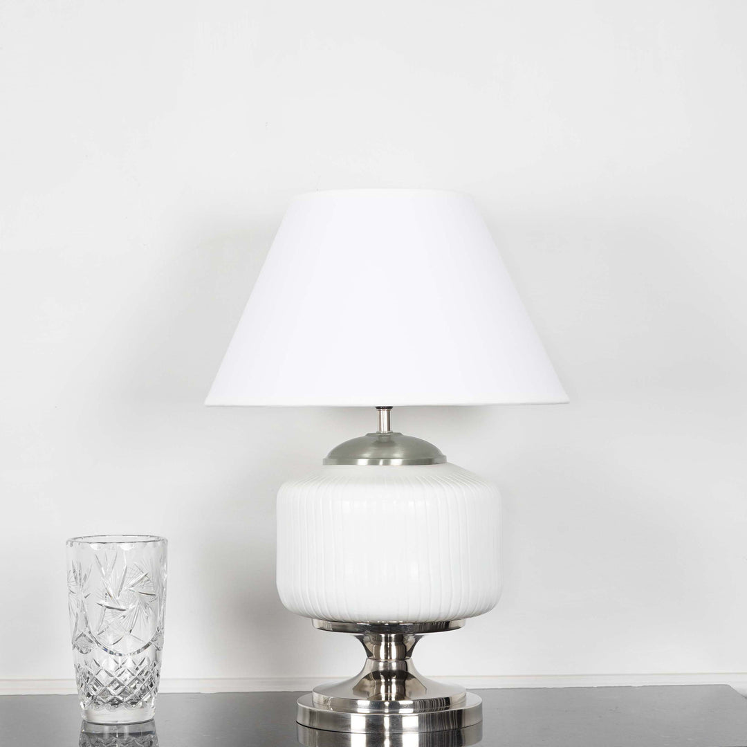 RAMZI Chrome Finish Metal And Frosted White Glass Table Lamp With Beige Cotton Shade