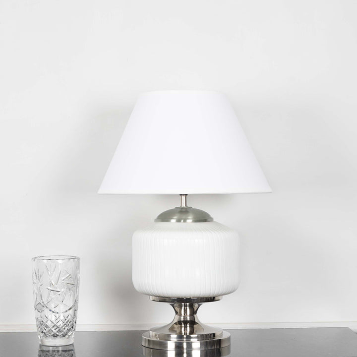 RAMZI Chrome Finish Metal And Frosted White Glass Table Lamp With Beige Cotton Shade