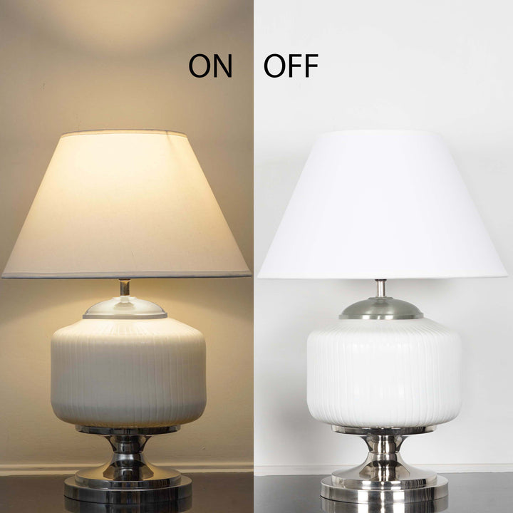 RAMZI Chrome Finish Metal And Frosted White Glass Table Lamp With Beige Cotton Shade