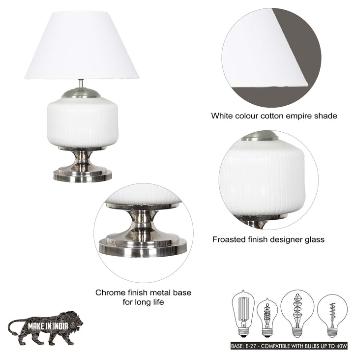 RAMZI Chrome Finish Metal And Frosted White Glass Table Lamp With Beige Cotton Shade