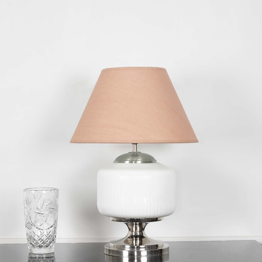 RAMZI Chrome Finish Metal And Frosted White Glass Table Lamp With Beige Cotton Shade