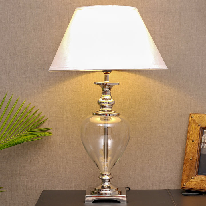 Hinton Clear Glass and Nickel Finish Metal Table Lamp With Cotton Shade