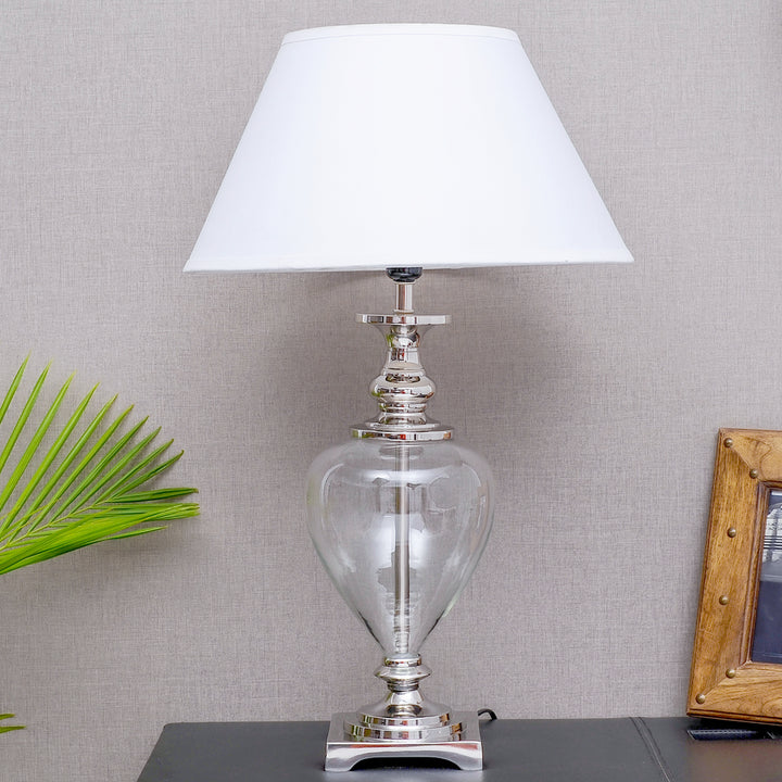 Hinton Clear Glass and Nickel Finish Metal Table Lamp With Cotton Shade