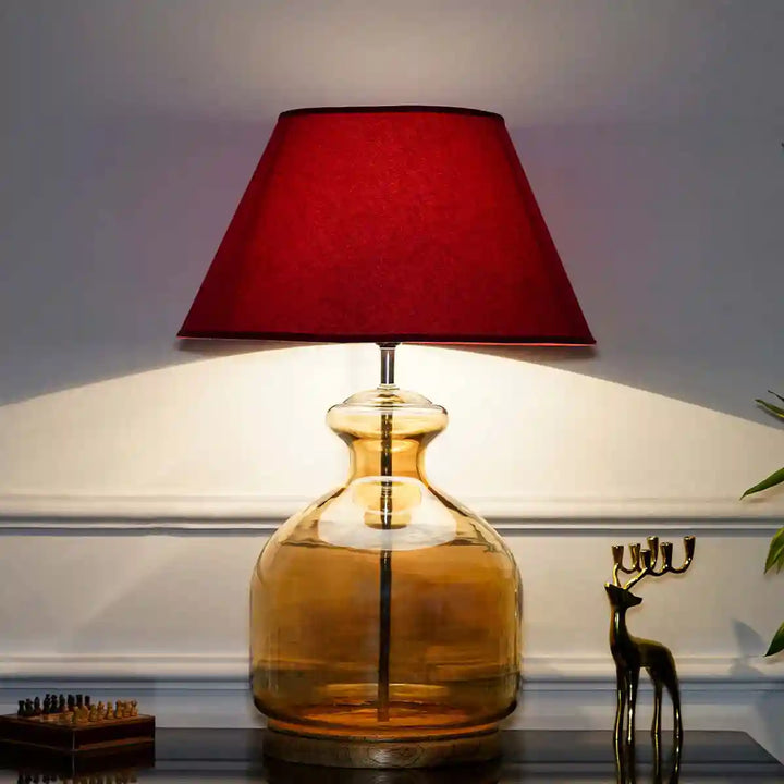 Alper Amber Luster Glass Table Lamp With Maroon Cotton Shade